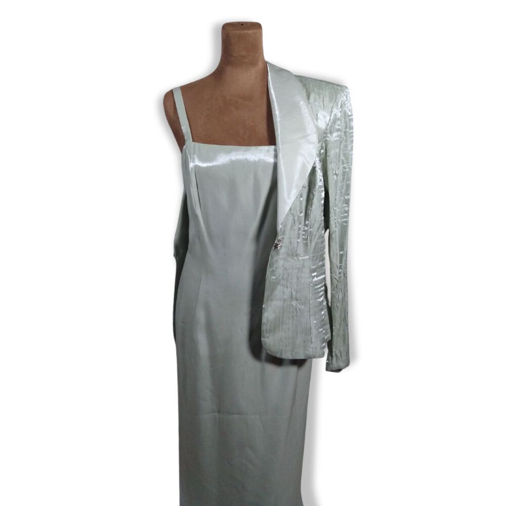 Metallic Gray Green Formal Dress & Blazer Set – Size 12 Evening Gown for Wedding